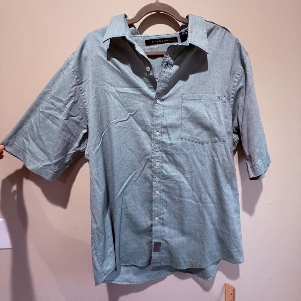 Sean John Button Down Shirt Mens 2XL Green Short Sleeve Cotton Minimal Old Money